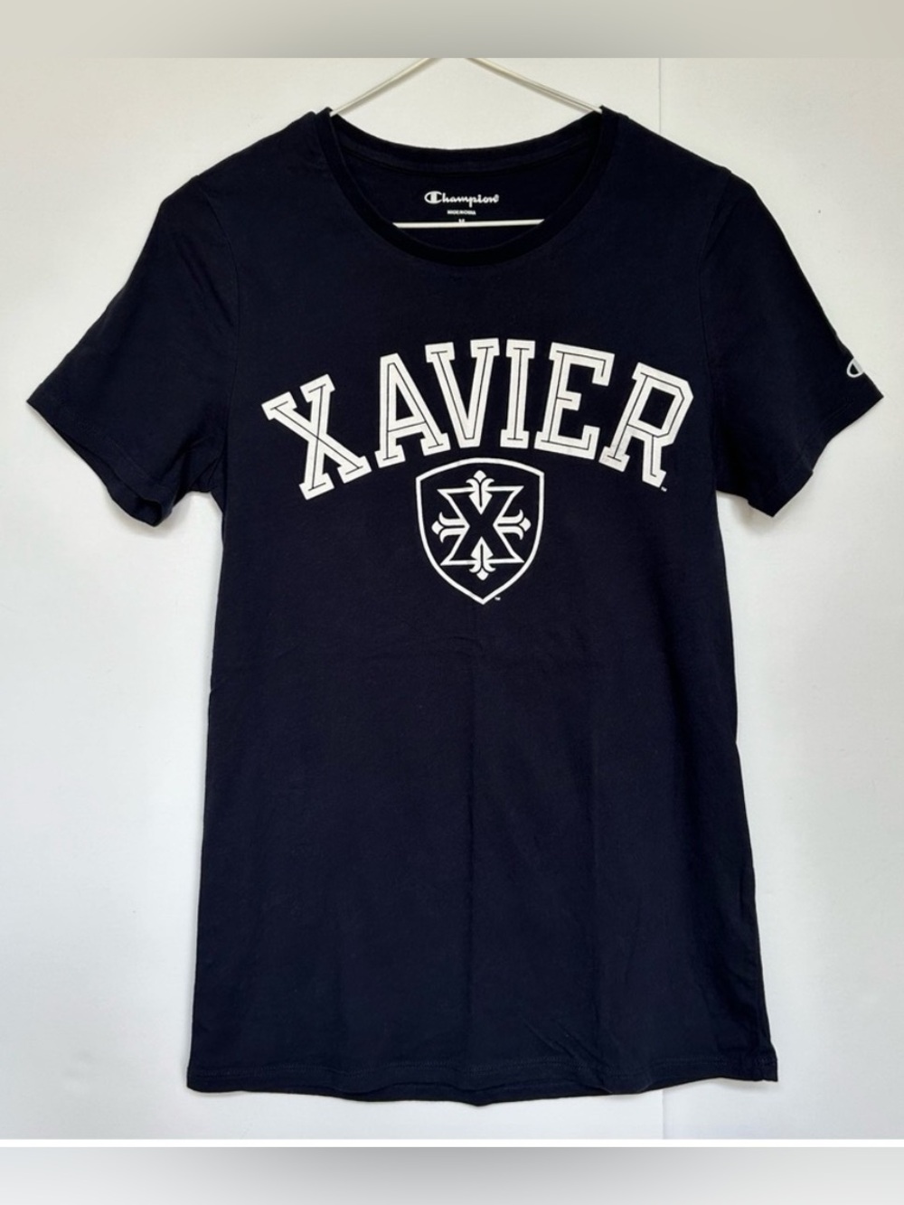 Champion Xavier University Blue “Xavier” and “Crest” Short Sleeve T Shirt Size M